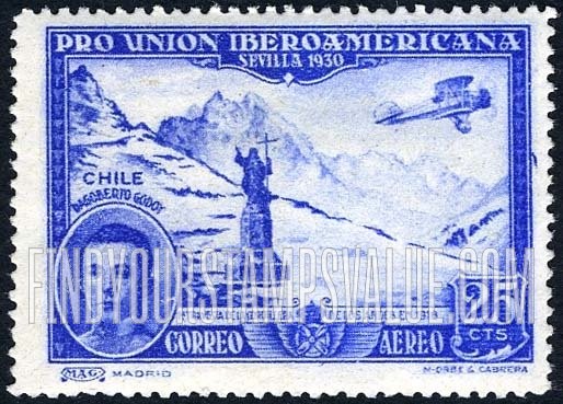 FindYourStampsValue: Air Post: Spanish-American Exhibition, Dagoberto Godoy and Pass over Andes