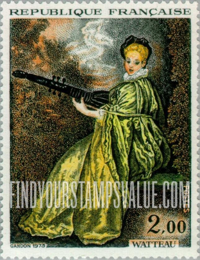 FindYourStampsValue: Lady Playing Archlute, by Antoine Watteau