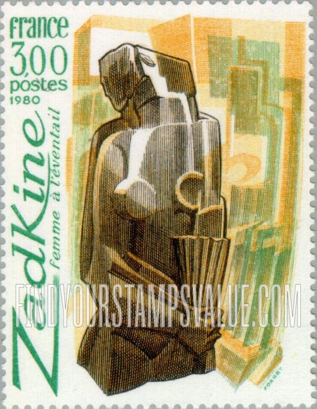 FindYourStampsValue: Woman Holding Fan, by Ossip Zadkine