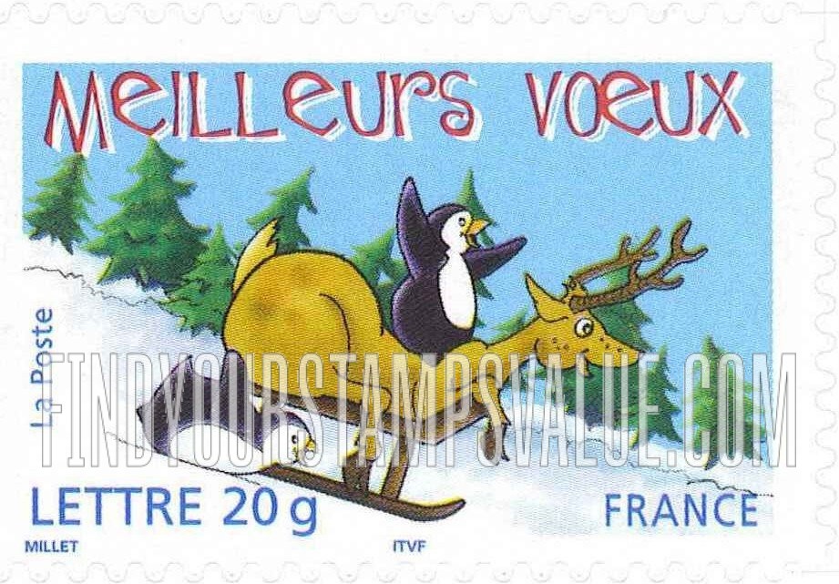 FindYourStampsValue: Holiday Greetings: Two penguins, reindeer and sled