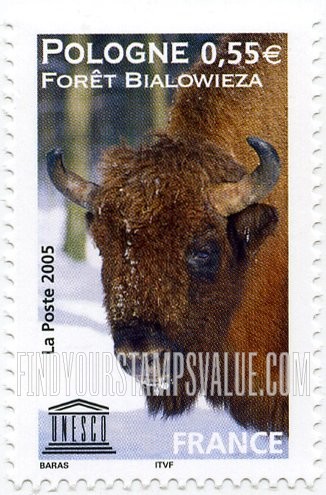 FindYourStampsValue: FOR THE UNITED NATIONS EDUCATIONAL, SCIENTIFIC AND CULTURAL ORGANIZATION - Bison in Bialowieza Forest, Poland