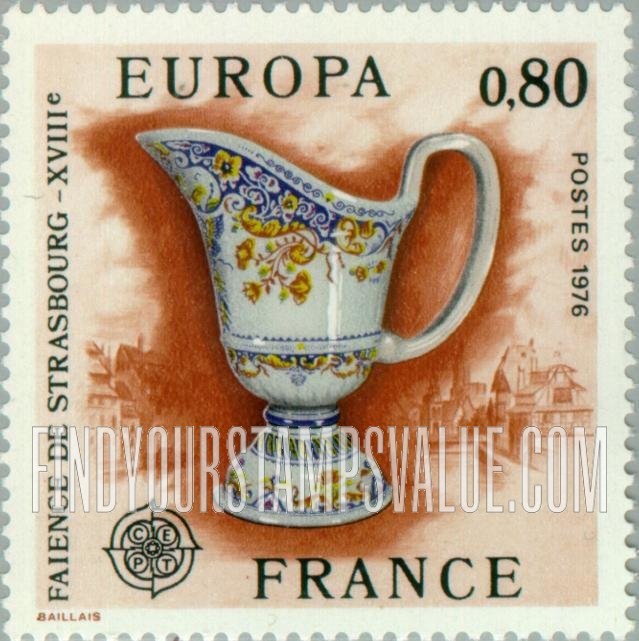 FindYourStampsValue: Europa Issue 1976: Ceramic Pitcher, Strasbourg, 18th Century