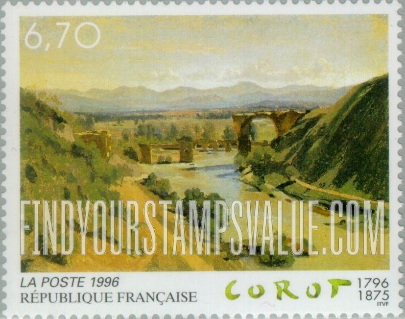 FindYourStampsValue: The Augustus Bridge over the Nera River, by Camille Corot (1796-1875)