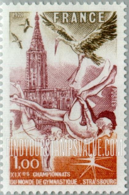 FindYourStampsValue: Gymnasts, Strasbourg Cathedral, Storks