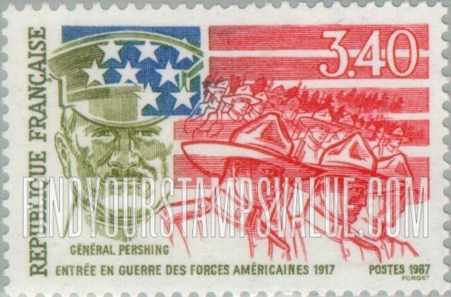 FindYourStampsValue: Involvement of U.S. Forces in WW I, 70th Anniversary: Stars and Stripes, troops, General John J. Pershing (1860-1948), American army commander