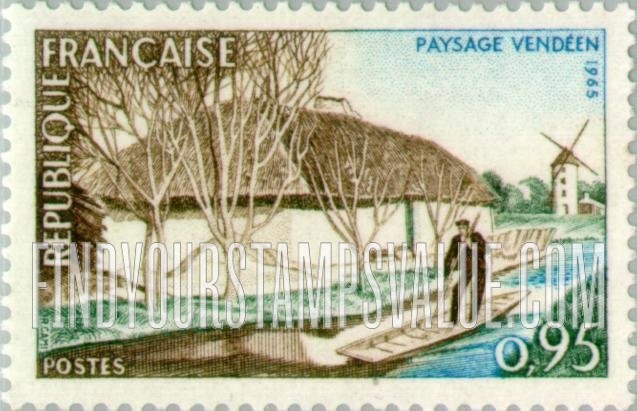FindYourStampsValue: Vendée River, man poling boat, and windmill