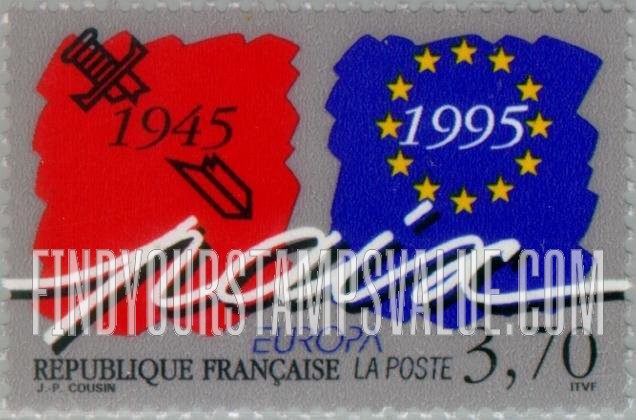 FindYourStampsValue: End of World War II, 50th Anniversary: Broken sword, emblem of European Union