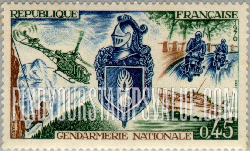 FindYourStampsValue: Gendarmery Emblem, Mountain Climber, Helicopter, Motorcyclists and Motorboat