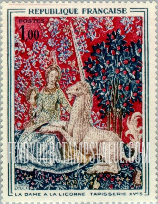 FindYourStampsValue: The Lady (Claude Le Viste?) with the Unicorn, 15th centennial tapestry