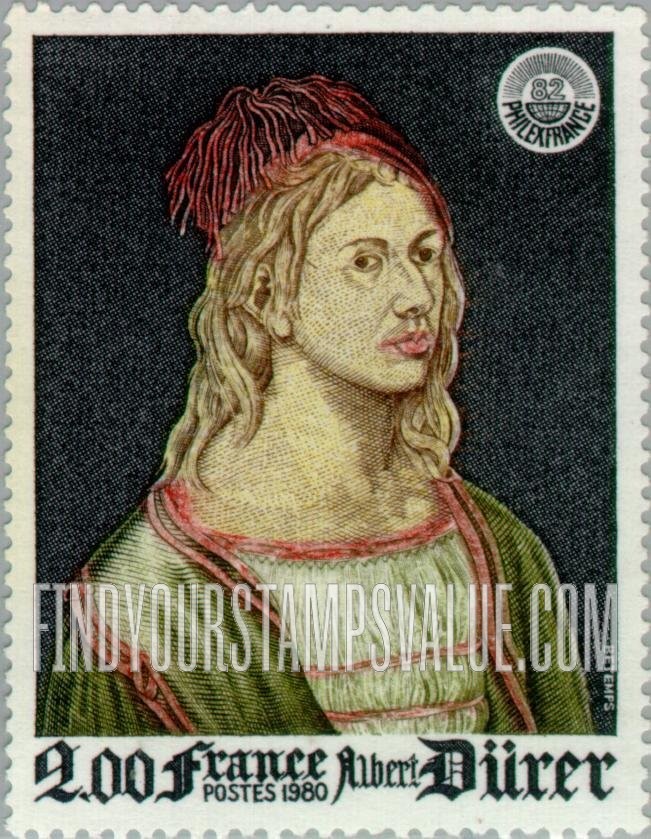 FindYourStampsValue: Self-portrait, by Albrecht Dürer, Philexfrance ’82 Emblem
