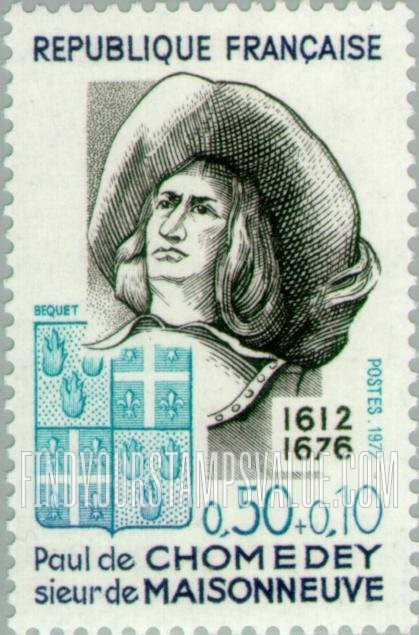FindYourStampsValue: SEMI-POSTAL - Paul de Chomedey (1612-76), founder of Montreal, and arms of Neuville-sur-Vanne