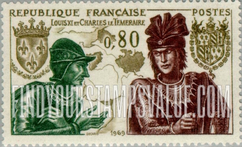 FindYourStampsValue: Louis XI, Charles the Bold and map of France: Type of 1968 and