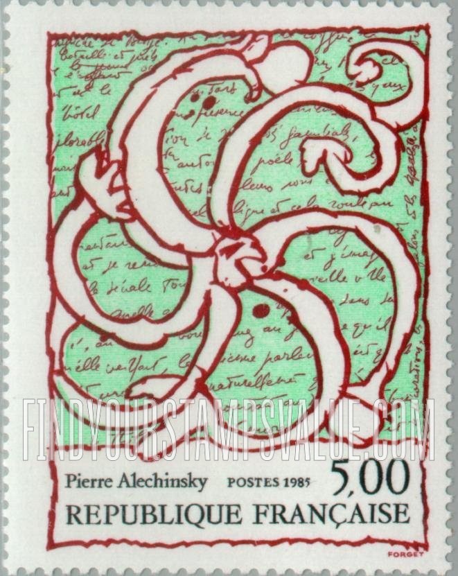 FindYourStampsValue: Octopus Overlaid on Manuscript, by Pierre Alechinsky