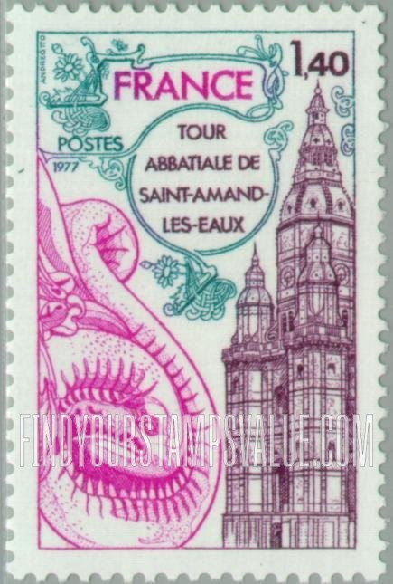 FindYourStampsValue: Tourist Issue: Abbey Tower, Saint-Amand-les-Eaux
