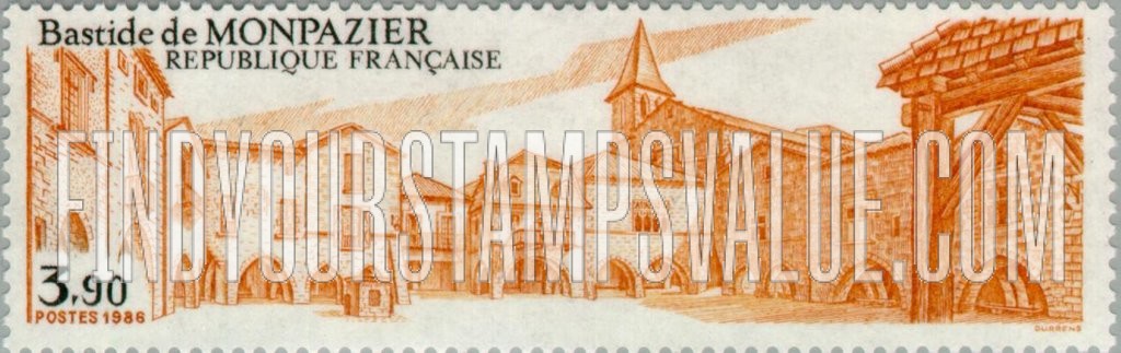 FindYourStampsValue: Tourism Issue: Market Square, Bastide de Monpazier, Dordogne