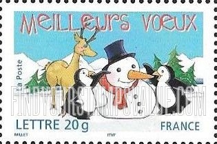 FindYourStampsValue: Holiday Greetings: Two penguins, reindeer and snowman