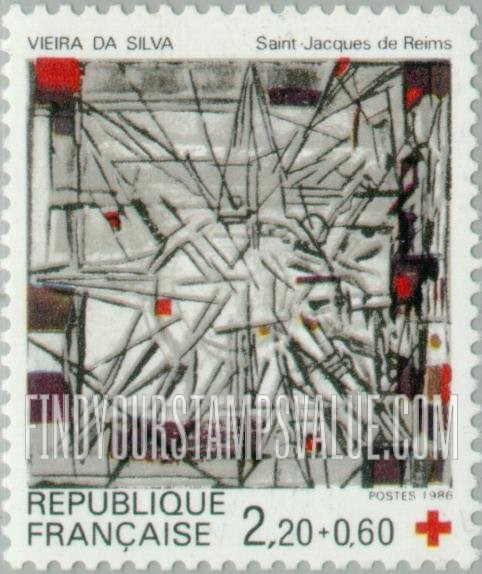 FindYourStampsValue: SEMI-POSTAL - Stained Glass Window (detail), by Vieira da Silva, St. Jacques of Reims Church, Marne