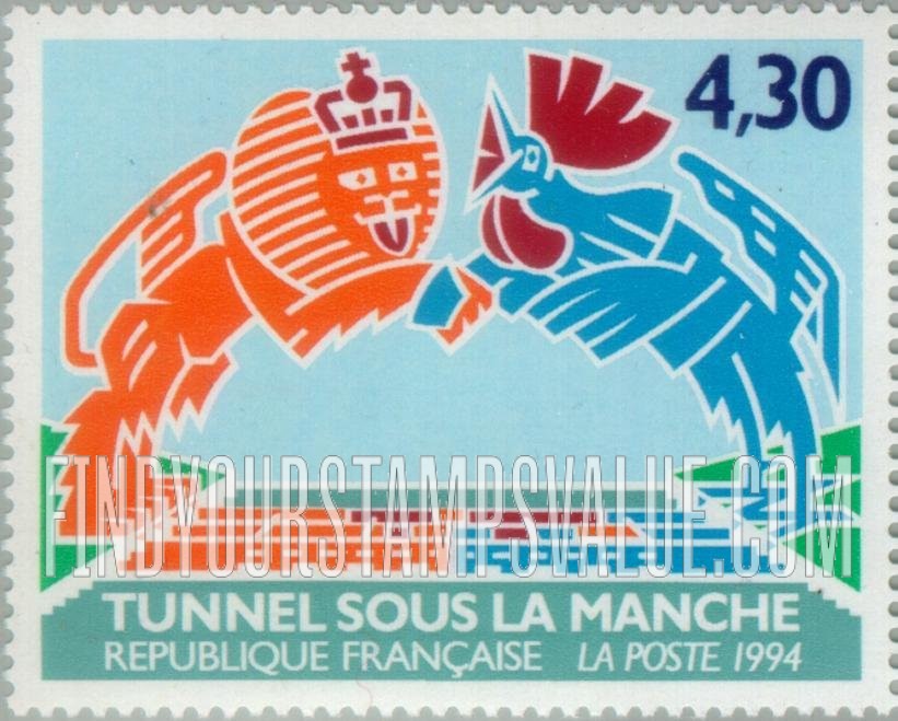 FindYourStampsValue: Opening of Channel Tunnel: British lion, French rooster, meeting over Channel