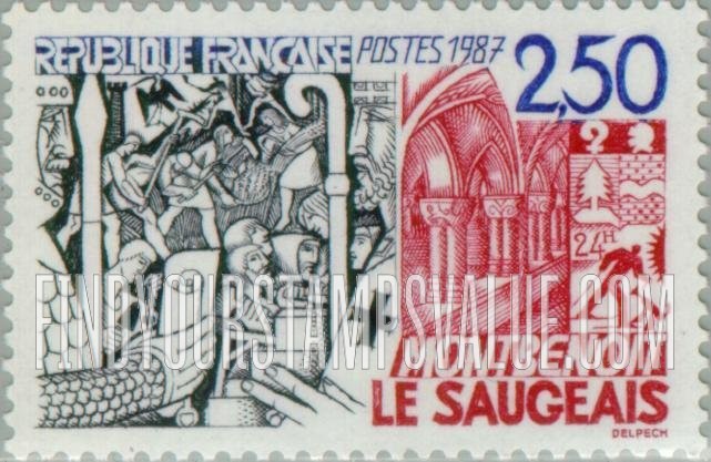 FindYourStampsValue: Montbenoit Le Saugeais: Abbey of Medieval Knights, cloisters, winter scene