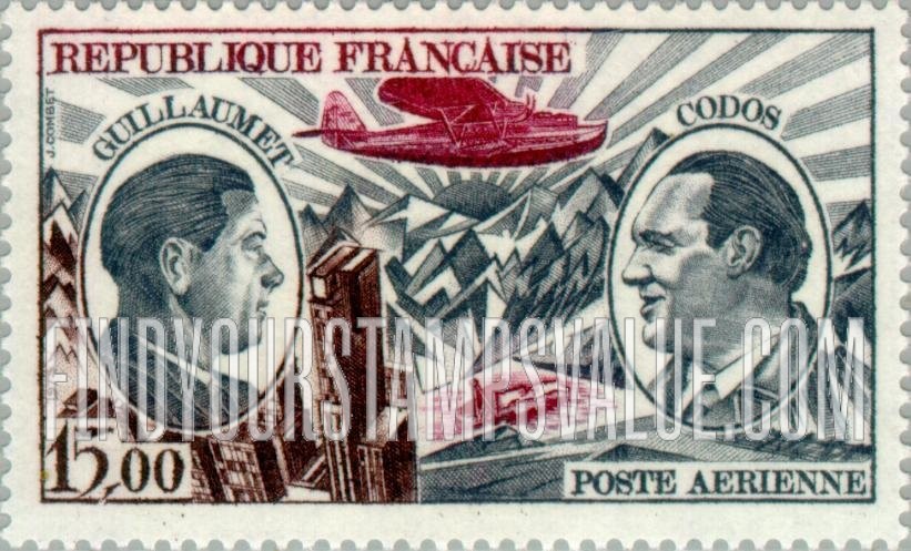 FindYourStampsValue: AIR POST - Henri Guillaumet, Paul Codos, Latécoère 521, Guillaumet’s crashed plane in Andes, skyscrapers