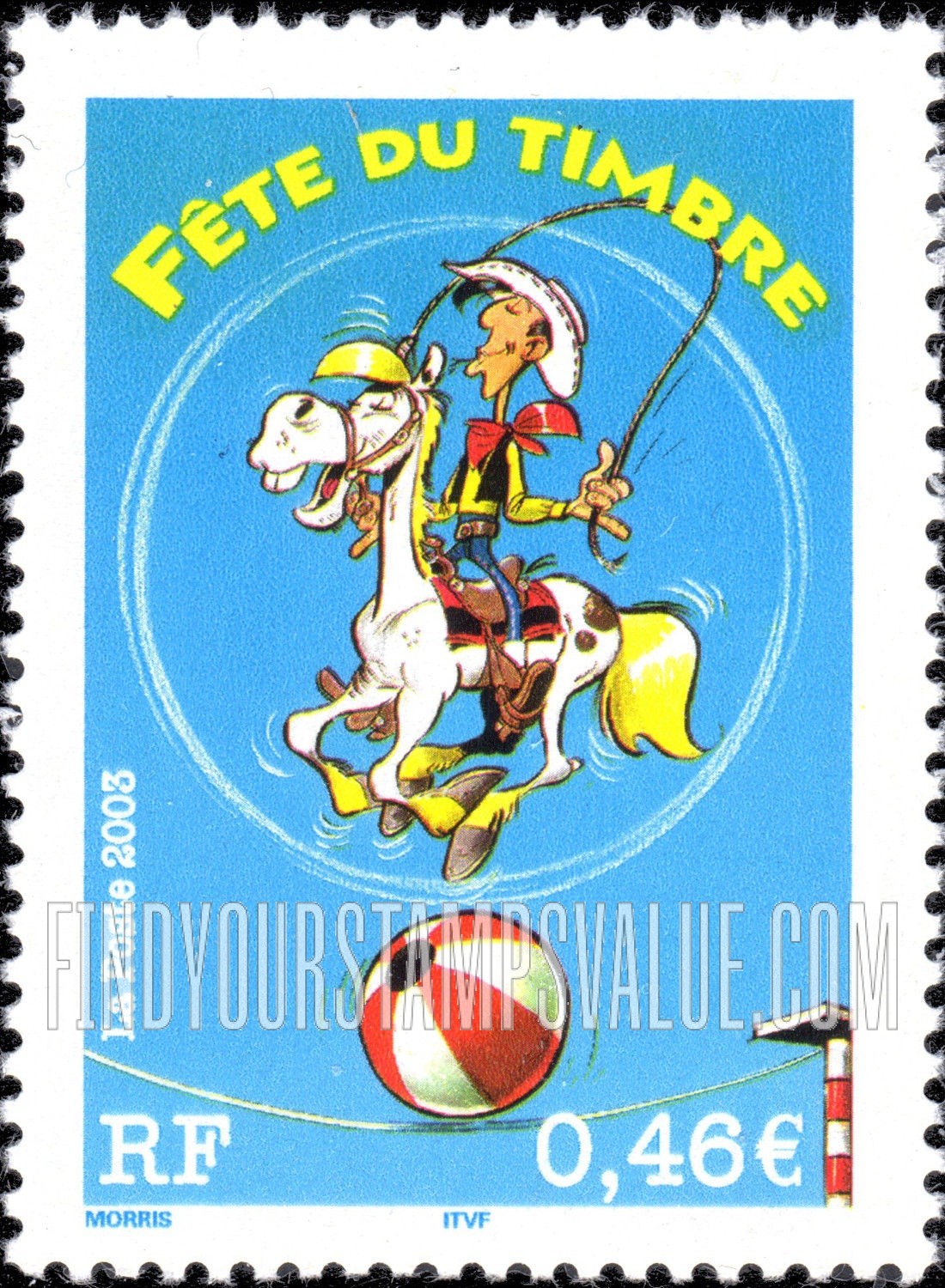 FindYourStampsValue: Lucky Luke, by Morris (Maurice De Bevere): Skipping rope on ball on high wire