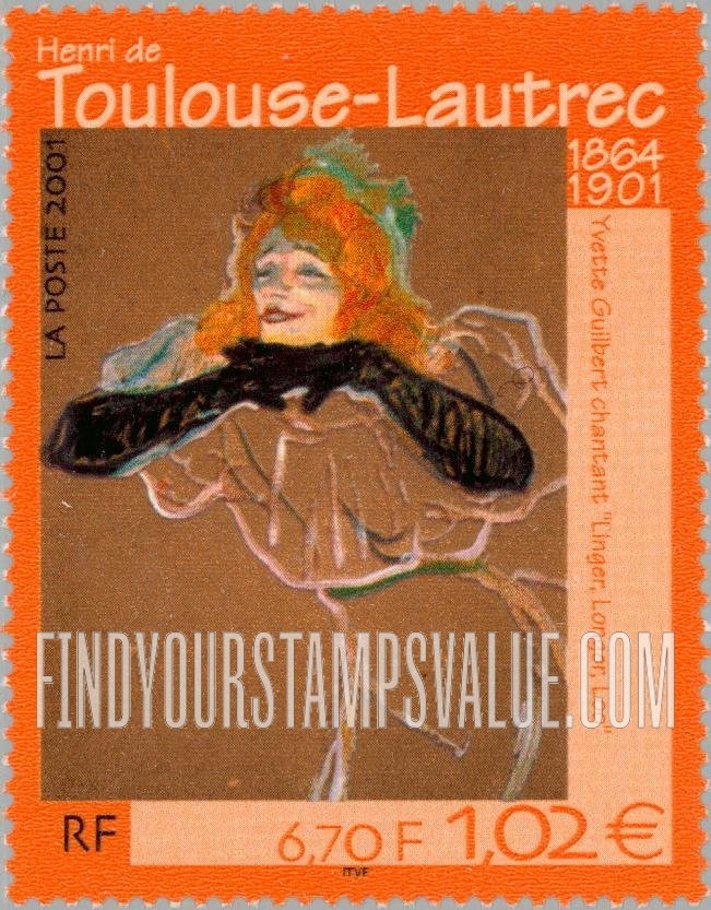 FindYourStampsValue: Art Series: Yvette Guilbert Singing “Linger, Longer, Loo,” by Henri de Toulouse-Lautrec (1864-1901)
