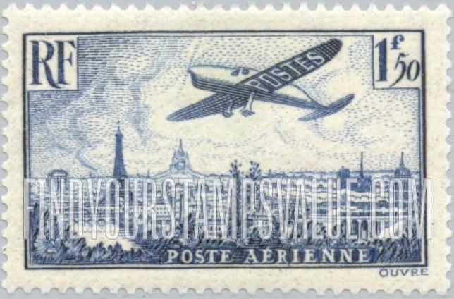 FindYourStampsValue: AIR POST - Plane over Paris