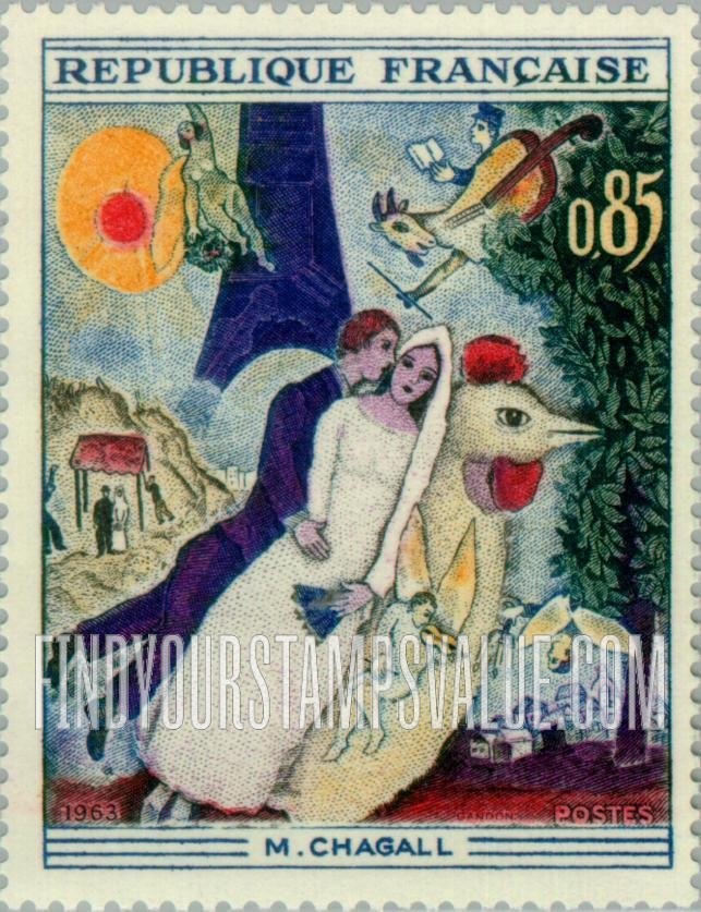 FindYourStampsValue: “The Married Couple of the Eiffel Tower,” by Marc Chagall: Art Type of 1963