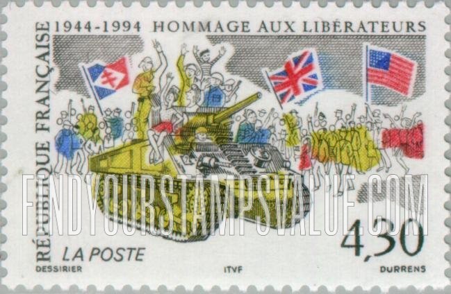 FindYourStampsValue: Tank, crowd waving Allied flags