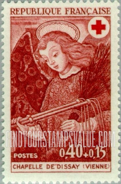 FindYourStampsValue: SEMI-POSTAL - Angel holding whips, from fresco in Dissay Castle Chapel, Vienne, c. 1500