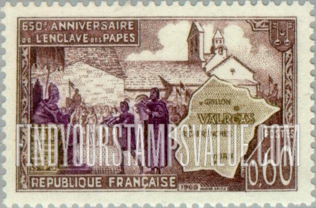 FindYourStampsValue: Map of Papal Enclave, Valréas, and John XXII Receiving Homage