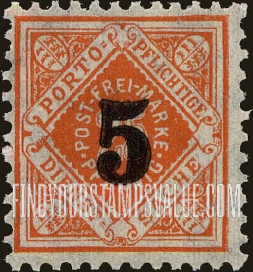 FindYourStampsValue: WURTTEMBERG OFFICIAL - Numeral Value: Surcharged with New Values in Rentenpfennig as