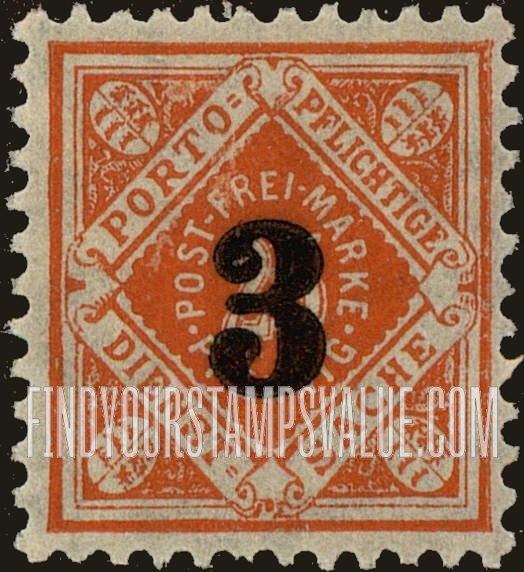 FindYourStampsValue: WURTTEMBERG OFFICIAL - Numeral Value: Surcharged with New Values in Rentenpfennig as