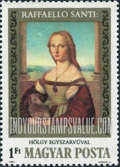 FindYourStampsValue: Paintings: Lady with Unicorn, by Raphael (1483-1517)