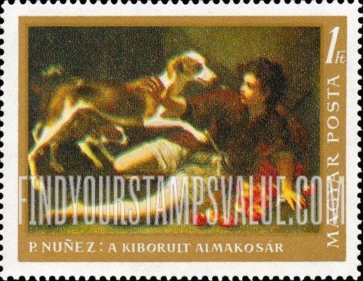 FindYourStampsValue: Painting Type of 1967: Boy with Apple Basket and Dogs, by Pedro Nunez (1639-1700), horizontal