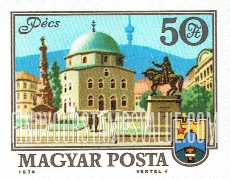 FindYourStampsValue: Building Type of 1972: Church (Turkish Mosque), Hunyadi Statue & TV tower, Pecs