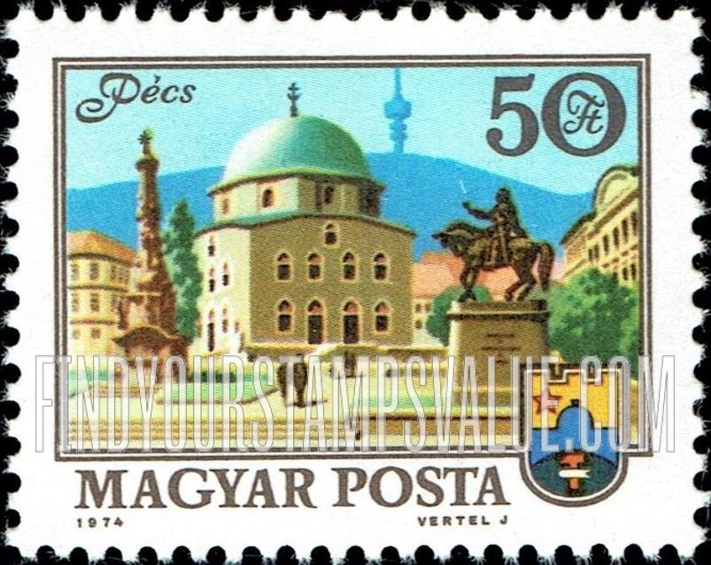 FindYourStampsValue: Building Type of 1972: Church (Turkish Mosque), Hunyadi Statue & TV tower, Pecs
