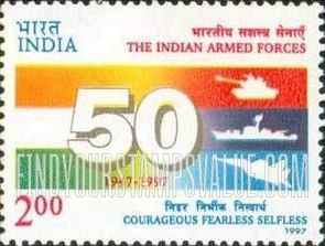 FindYourStampsValue: Republic of India: Indian Armed Forces, 50th anniversary - भारत गणराज्य: भारतीय सशस्त्र सेनाएँ, 50वीं वर्षगाँठ
