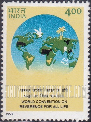 FindYourStampsValue: Republic of India: World Convention on Reverence for All Life - भारत गणराज्य: समस्त सजीव-जगत के प्रति श्रद्धा पर विश्व सम्मेलन