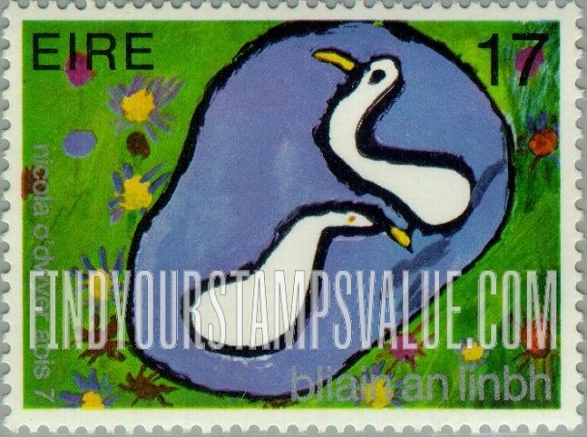 FindYourStampsValue: Children’s Drawings: “Swans on a lake”