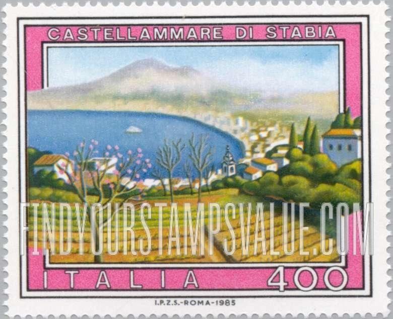 FindYourStampsValue: Tourist Type of 1974: Mt. Vesuvius from Castellamare di Stabia