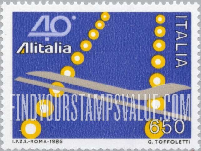 FindYourStampsValue: Alitalia, Italian Airlines, 40th Anniversary: Jet, runway lights