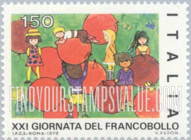FindYourStampsValue: Children’s Drawings: Children and red balloons