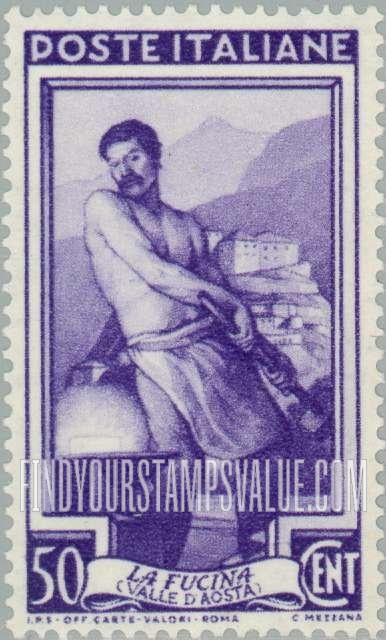 FindYourStampsValue: Blacksmith, Aosta Valley: Italy at Work Type of 1950