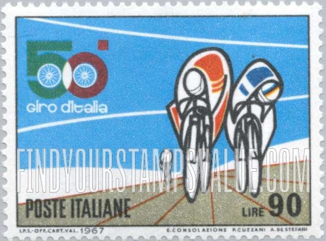 FindYourStampsValue: 50th Bicycle Tour of Italy: 90 l. Three bicyclists on the road