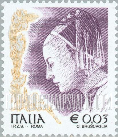 FindYourStampsValue: Women in Art Type of 1998 With Denominations in Euros Only: Queen of Sheba from “The Meeting of King Solomon and the Queen of Sheba,” painting by Piero della Francesa