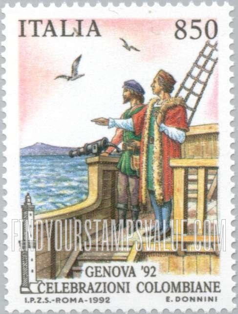 FindYourStampsValue: Discovery of America, 500th Anniversary: Columbus pointing to land