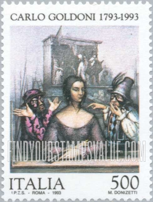 FindYourStampsValue: Carlo Goldoni (1707-93), Playwright: Woman seated in front of harlequins