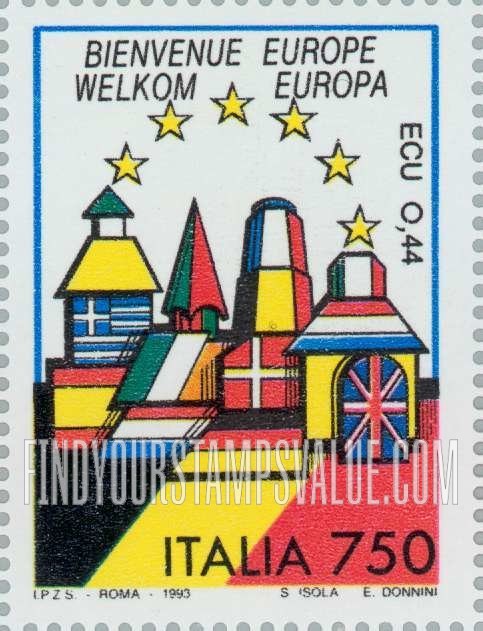 FindYourStampsValue: Buildings on national flags, inscriptions in native language: Belgium (Vienvenue, Welkom)