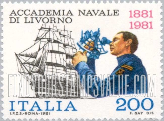 FindYourStampsValue: Naval Academy of Livorno Centenary: Cadet with sextant, training ship Amerigo Vespucci
